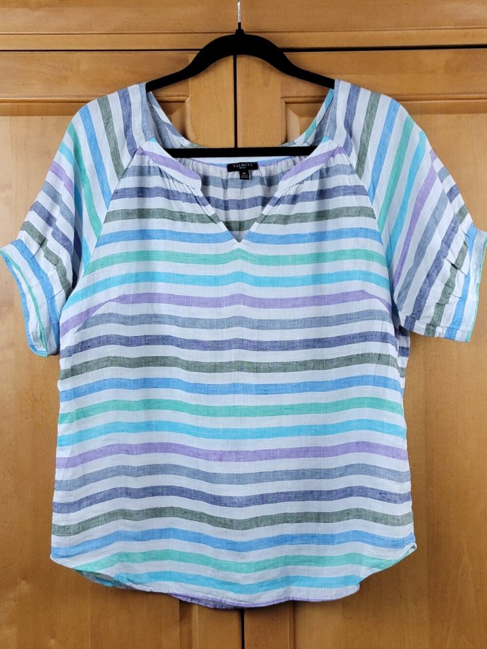 Talbots Rockport Stripe Linen Elbow Sleeve Popover Top - MP - Picture 3 of 8